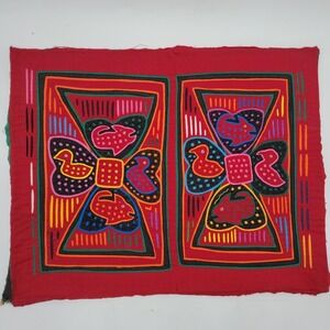 Vtg Mola Textile Panel Guna Panama Double Panal Embroidered Bird Fish Appliqués